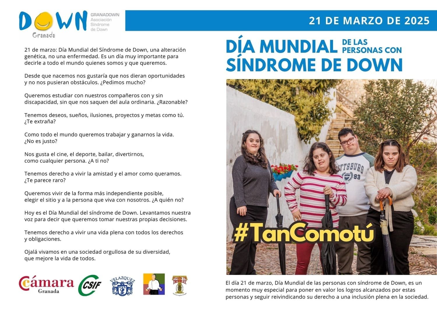 Díptico del Día Mundial del Síndrome de Down 2025, campaña Tan Como Tú
