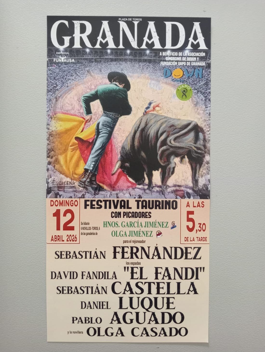 Cartel del Festival Taurino de 2026 a beneficio de Down Granada, domingo 12 de abril en la Plaza de Toros de Granada